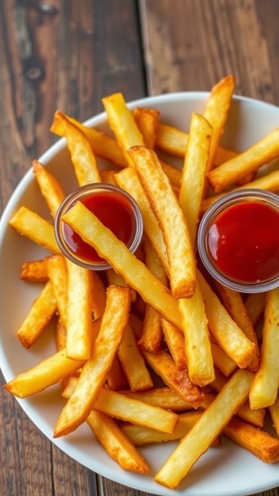 Crispy Air Fryer French Fries Recipe Crispy air fryer French fries served with ketchup on a rustic wooden table.